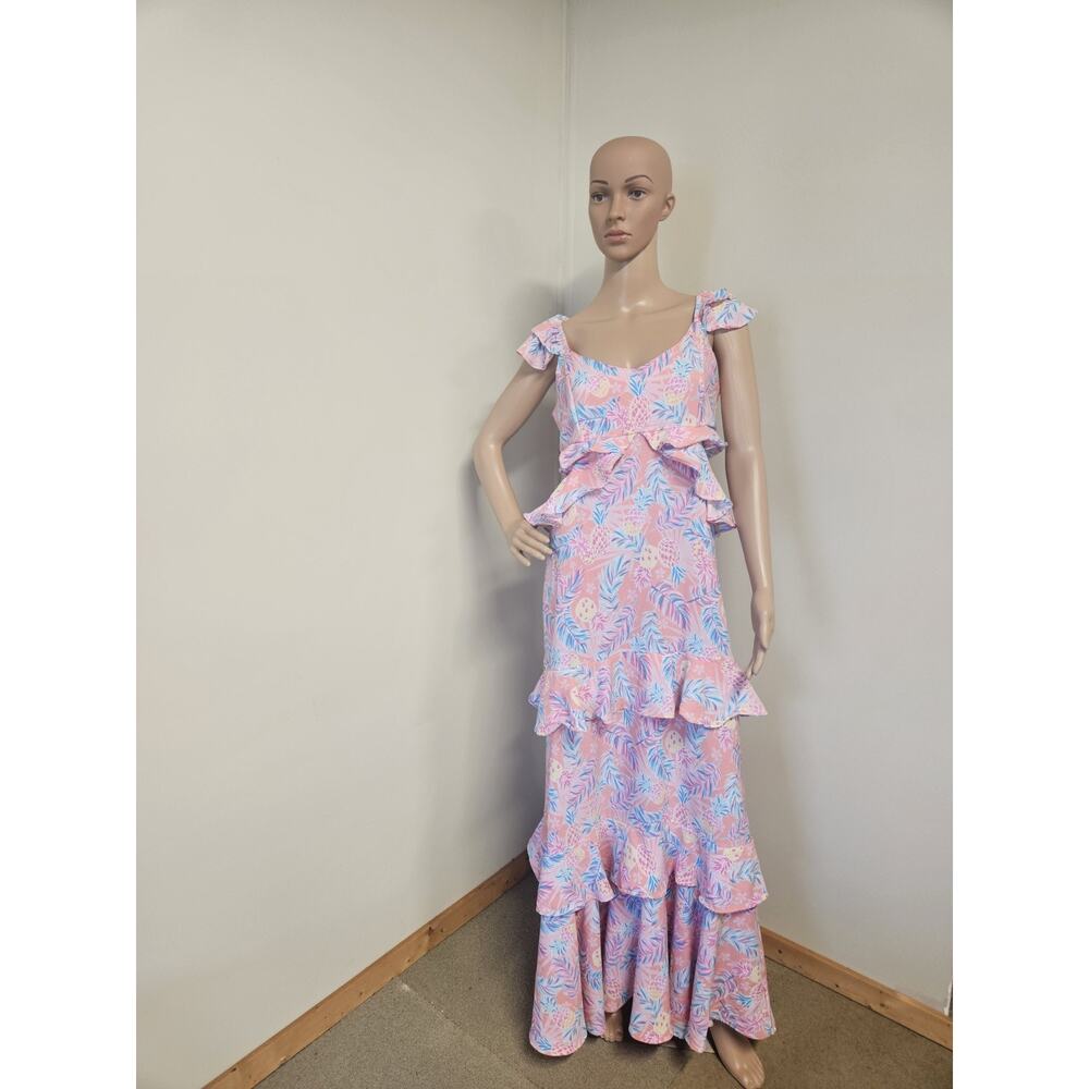 Simply Southern Dress Womens M Pink Tropical Maxi Ruffle Cutout Beach